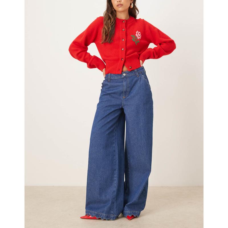 ASOS DESIGN 女士 牛仔长裤 设计阔腿居家下摆深色水洗牛仔裤