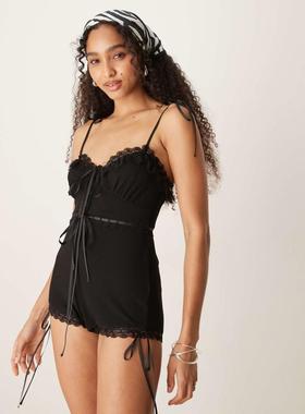 For Love  Lemons 女士 连体衣 Joan 缎带连身裤(黑色)