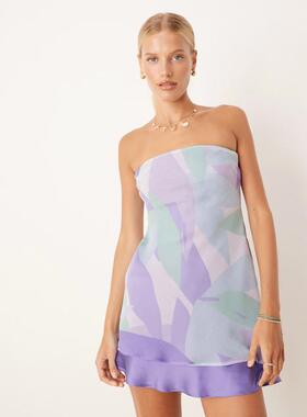 ASOS DESIGN 女士 短款连衣裙 设计双层次抹胸迷你紫色抽象连衣裙