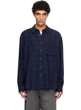 Solid Homme 男士 衬衫 海军蓝 Oversized Crinkle Check 衬衫