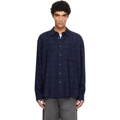 Solid Homme 男士 衬衫 海军蓝 Oversized Crinkle Check 衬衫