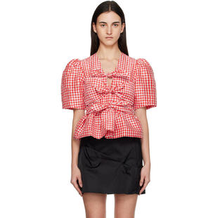 Ganni 甘尼 女士 上衣 红色 Crinkled Check Taffeta 上装
