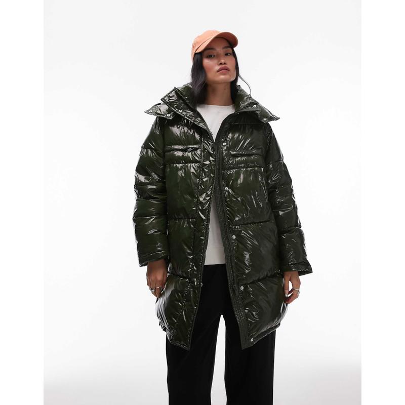 Topshop 女士 夹克 中长连帽蓬松深色绿色夹克
