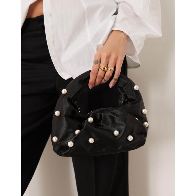 My Accessories 女士 手拿包 My 饰品绸缎珍珠精饰手提包(黑色)