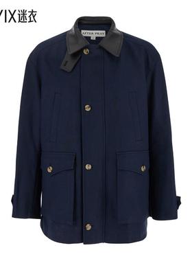 【春夏新品】AFTER PRAY 蓝色皮革领沿条胸部口袋棉质男士夹克 迷