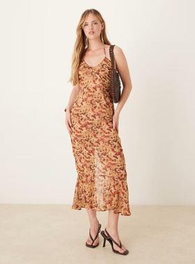 Motel 女士 连衣裙 alette midaxi 印花挂脖铁锈色连衣裙