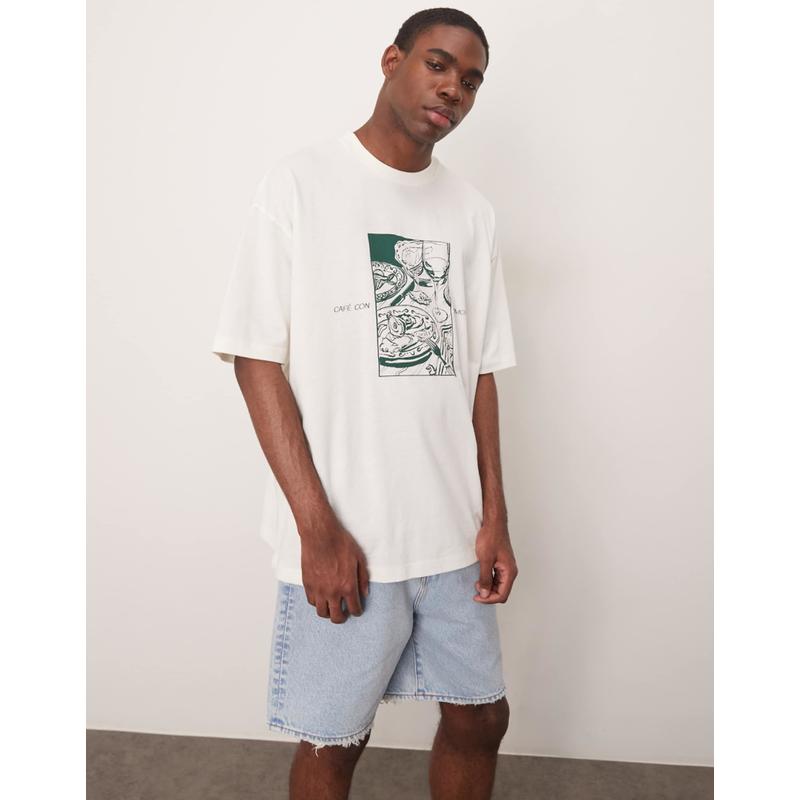 ASOS DESIGN 男士 T恤 cafe 设计宽松款印花T恤(奶油色)