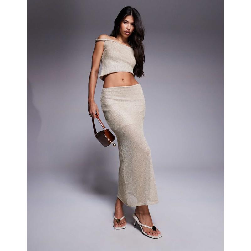 ASOS DESIGN 女士 超长裙 co-ord 设计长款金色闪烁针织半身裙