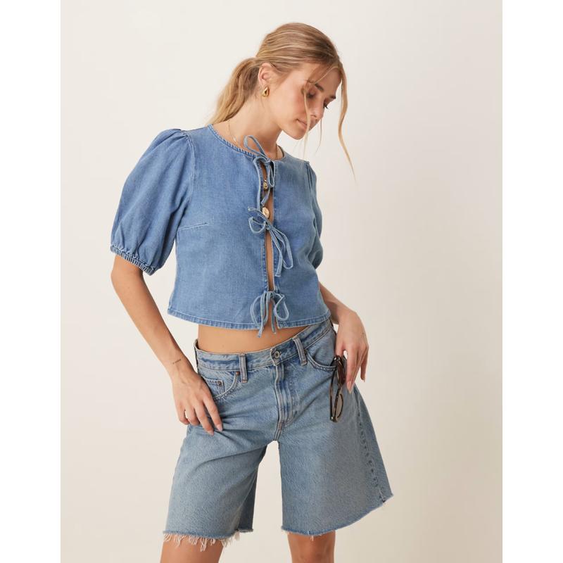 ASOS DESIGN 女士 衬衫 设计柔软牛仔前绑带蓝色上衣(midwash)