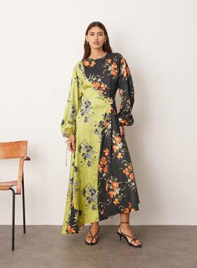 ARRANGE 女士 中长连衣裙 褶皱缎面长袖裁剪色块印花长款连衣裙