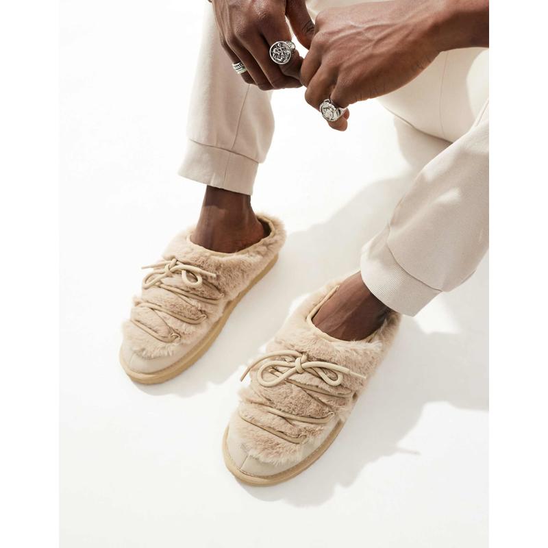 ASOS DESIGN 男士 凉拖 设计粗跟人造皮草绑带便鞋(奶油色)