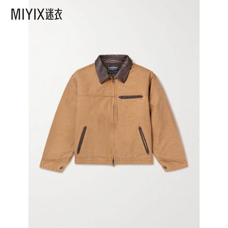 FrizmWORKS 男款皮革边磨破棉质帆布夹克 迷衣时尚