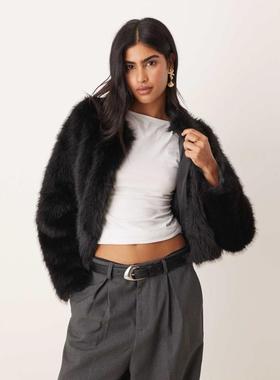 Threadbare 女士 夹克 磨绒人造皮草无领夹克(黑色)