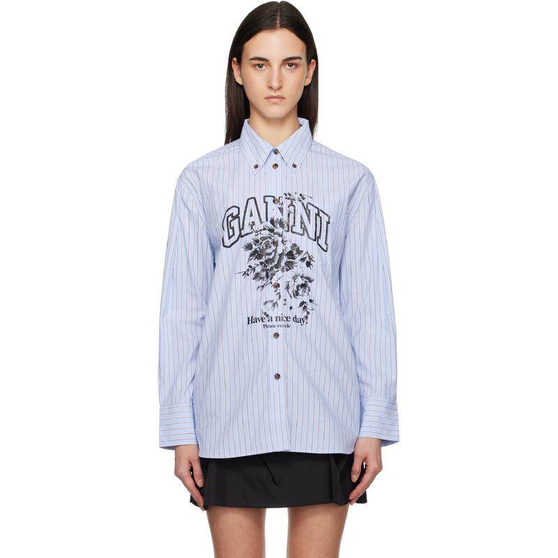 Ganni 甘尼 女士 衬衫 蓝色 Stripe Logo