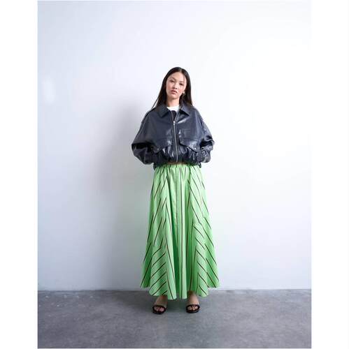 Topshop 女士 中长裙 松紧带束腰府绸全绿色黄色条纹中长半身裙