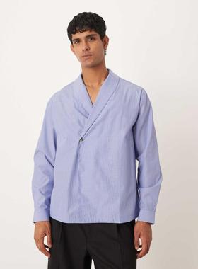 ASOS DESIGN 男士 衬衫 over 设计宽松青果领裹式条纹衬衫(蓝色)