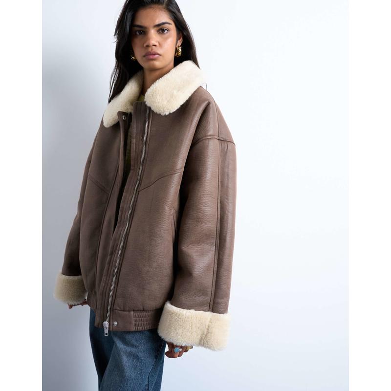 Topshop 女士 夹克 复古水洗人造毛羊皮超宽松款棕色短夹克