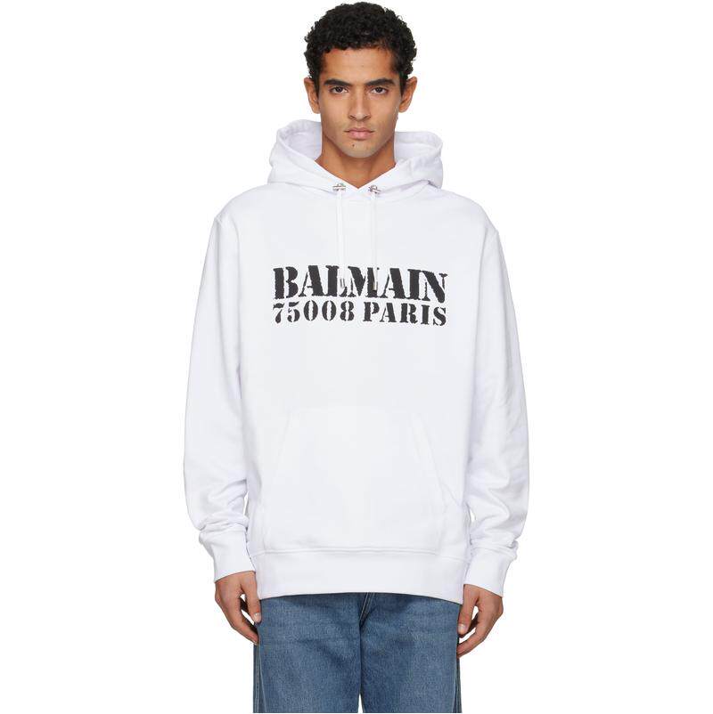 Balmain 巴尔曼 男士 卫衣 白色 Balmain Stamp Printed 连帽衫