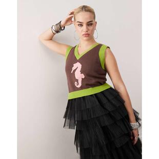 Tyler McGillivary 女士 马甲 海马嵌花针织棕色绿色背心