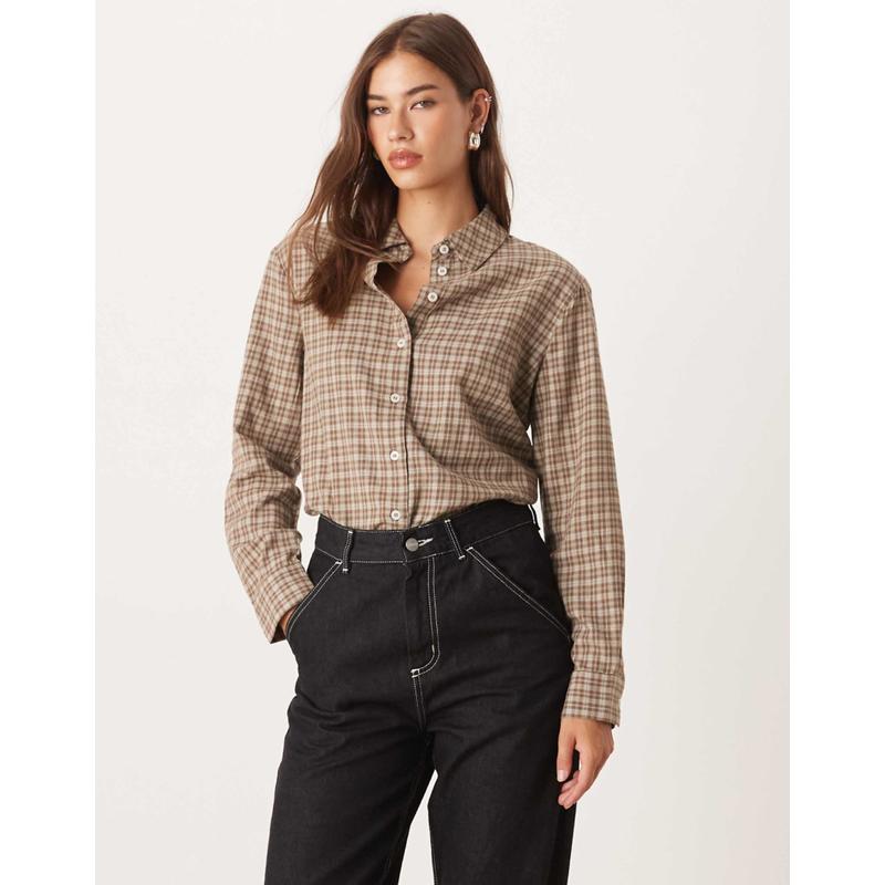 AWARE 女士 衬衫 宽松款男友风牛津棕色迷你格纹印花衬衫(米黄色)