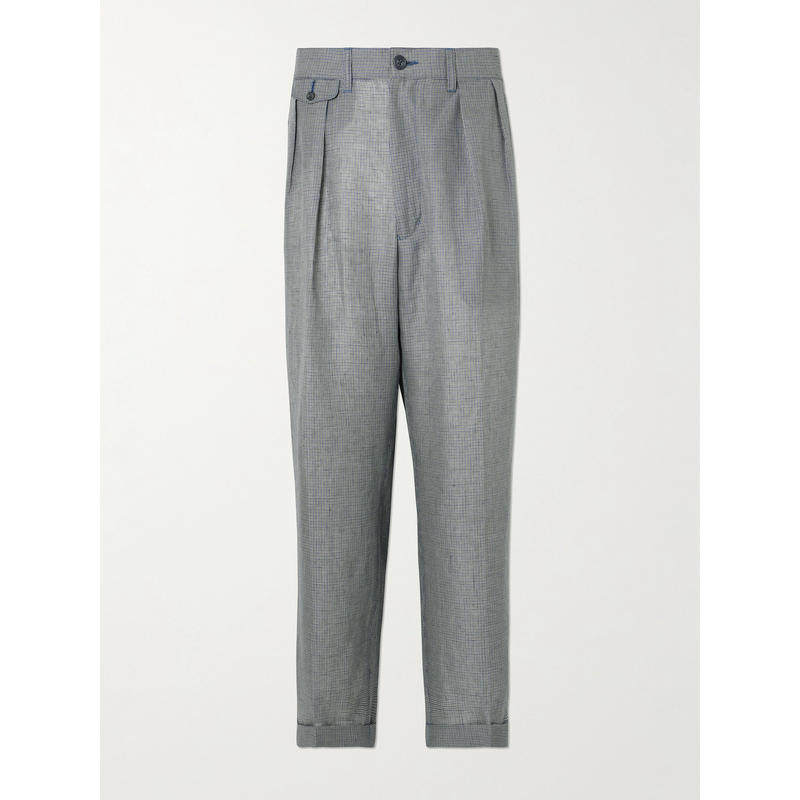 Beams 男士 FW25 西装裤 直筒褶裥格纹亚麻铜氨纤维混纺裤子