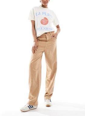 ASOS DESIGN 女士 长裤 laundered barrel 设计长筒缝线沙色裤子