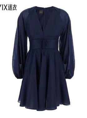【春夏新品】Plain 蓝色迷你V领蓬松袖子布织女士连衣裙 迷衣时