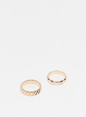 ASOS DESIGN 男士 戒指 molten 设计罗纹带子戒指(2件套)(金色)