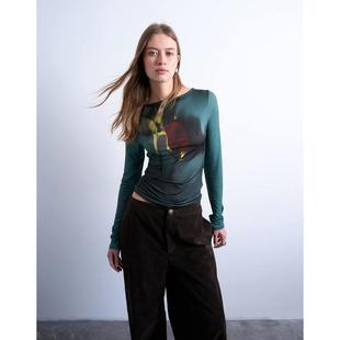 tulip T恤 超细纤维高领印花绿色上衣 女士 Topshop