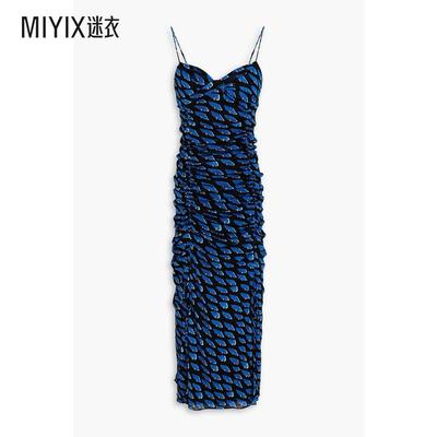 Diane von Furstenberg 女 Lester 褶皱印花弹性网纱中长连衣裙