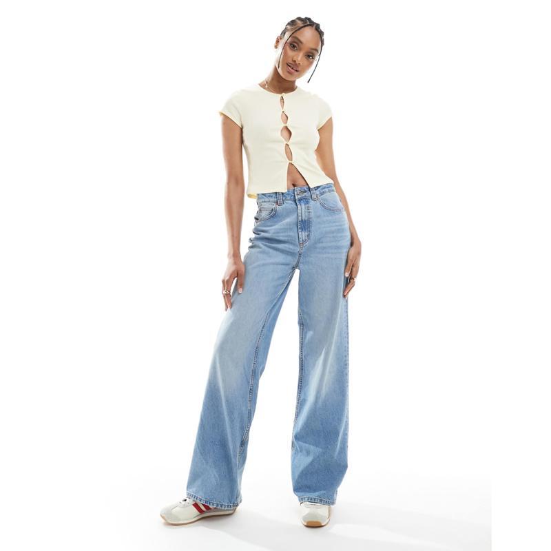 ASOS DESIGN 女士 牛仔长裤 dad 设计长筒阔腿中长蓝色牛仔裤