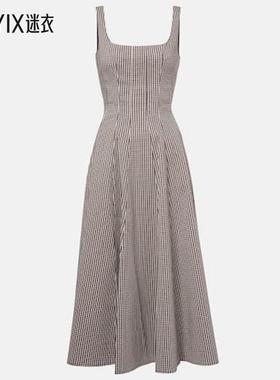 Staud 女款Wells 格纹中长连衣裙 迷衣时尚