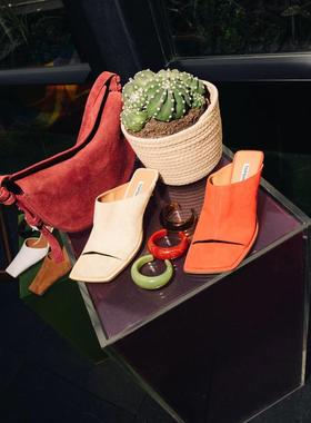 Topshop 女士 凉鞋 Premium Ilya real 绒面革开口方头红色凉拖