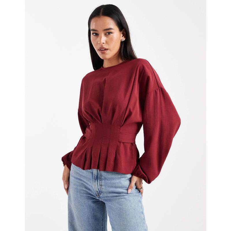 ASOS DESIGN 女士 上衣 设计紧身束腰后绑带酒红色衫