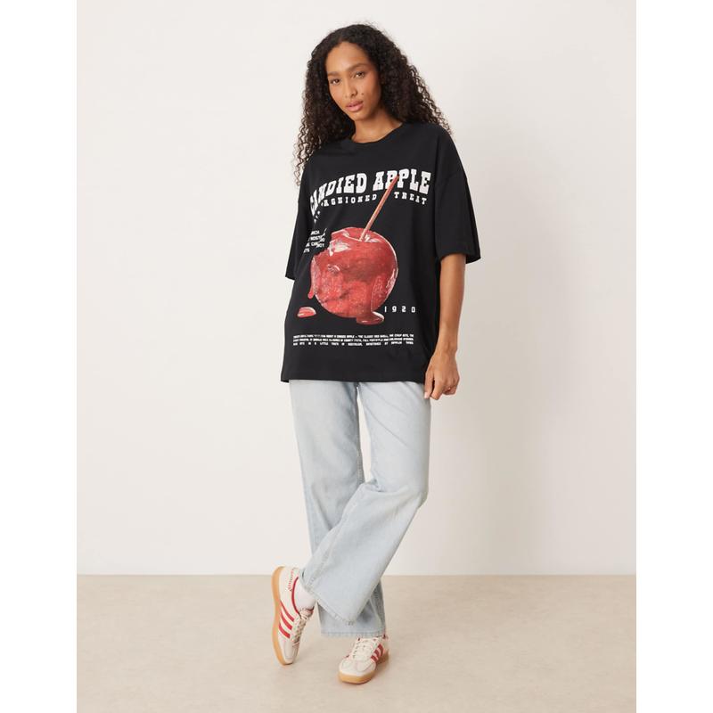 ASOS DESIGN 女士 T恤 candied apple 设计宽松款印花T恤(黑色)