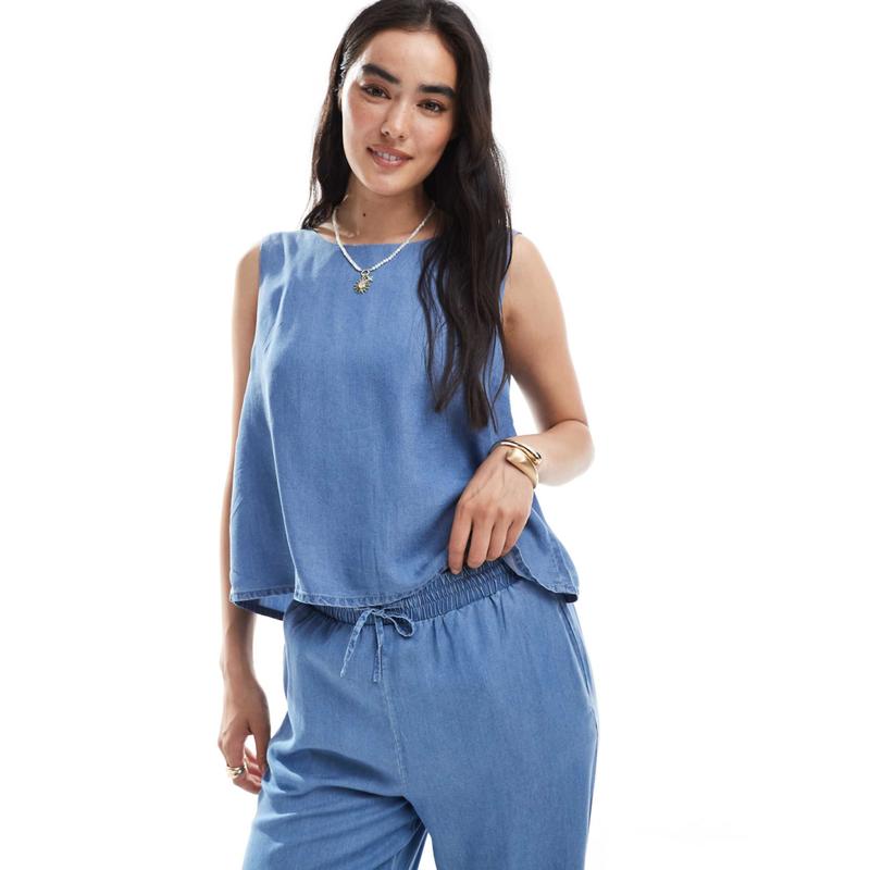 Vero Moda 女士 马甲 co-ord 无袖前襟绑带青年布上衣(蓝色)