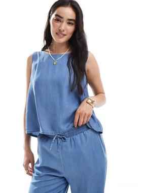 Vero Moda 女士 马甲 co-ord 无袖前襟绑带青年布上衣(蓝色)