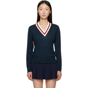 Sporty Rich 女士 毛衣 海军蓝 SRC Minimalist V-Neck