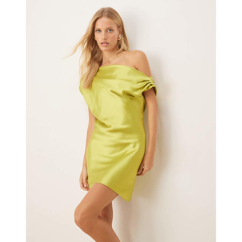 ASOS DESIGN 女士 短款连衣裙 设计缎面垂褶单肩迷你绿色连衣裙