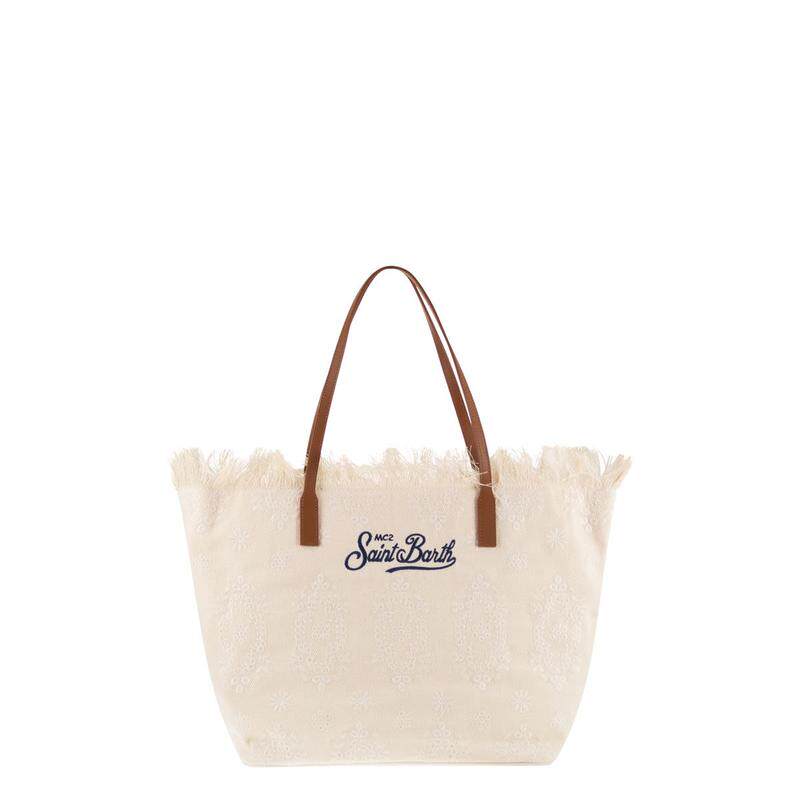 MC2 Saint Barth 女士 SS26 单肩包 刺绣帆布皮革手柄沙滩包