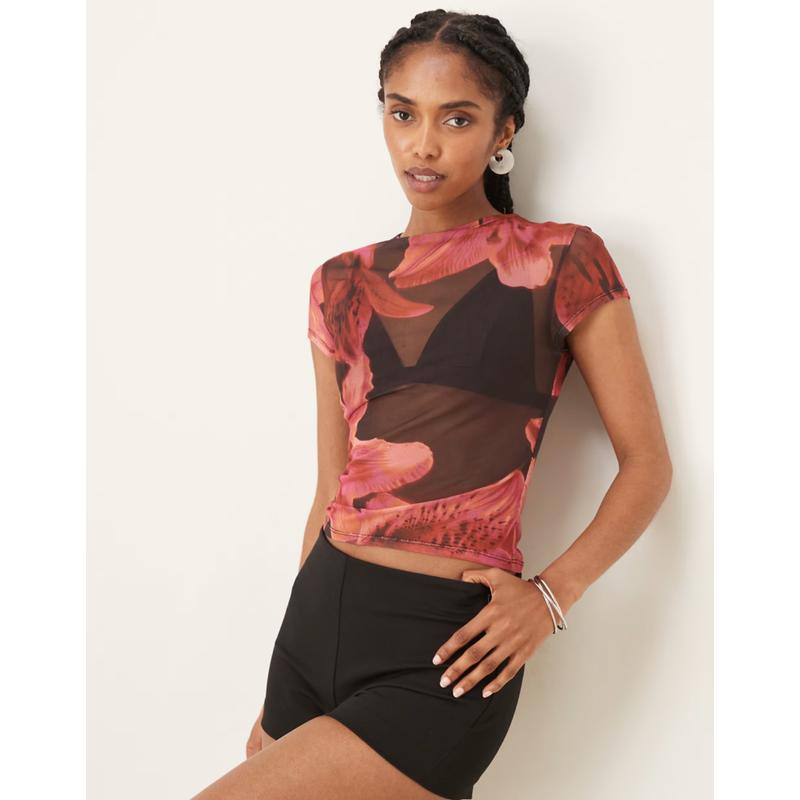 ASOS DESIGN 女士 上衣 设计透视网纱粉色印花童趣T恤