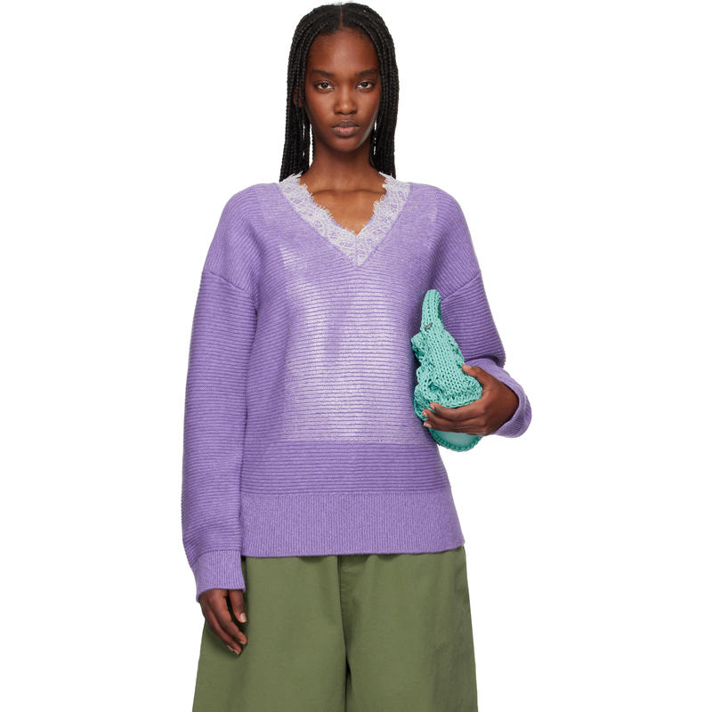J.W. Anderson 女士 毛衣 紫色 V-Neck Lace Trim 毛衣