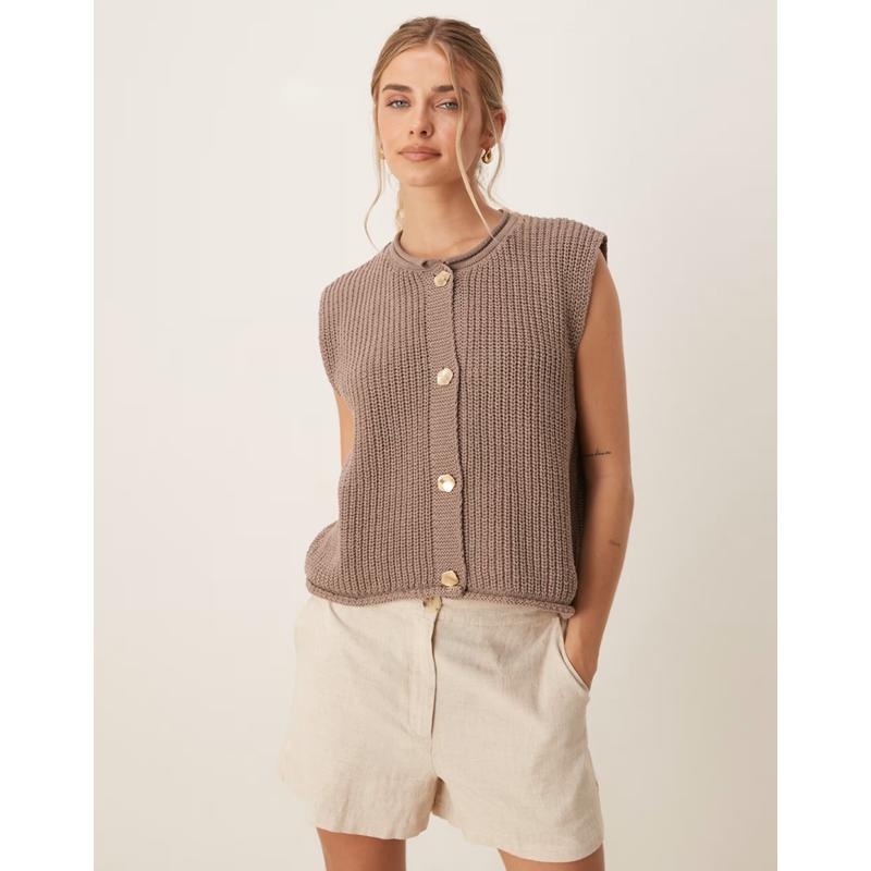 ASOS DESIGN 女士 马甲 设计针织宽松款金色纽扣咖啡色夹克