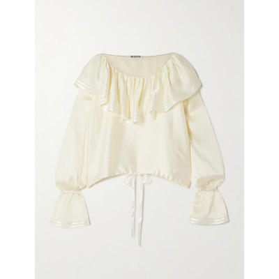 Bode 女士 上衣 Claret 露肩荷叶边网眼装饰锤花缎衫