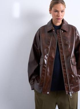 Topshop 女士 夹克 shacket 仿皮光泽杂色贴袋棕色夹克