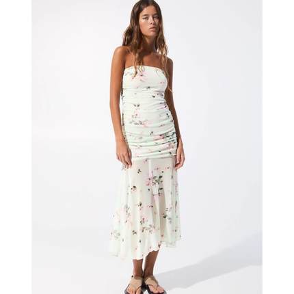 Pullbear 女士 连衣裙 花朵网纱薄荷色抹胸连衣裙