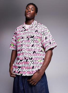 Hugo Blue 男士 衬衫 Hugo repeat 蓝色宽松款徽标印花粉色衬衫