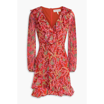 Saloni 女士 短款连衣裙 荷叶边印花真丝雪纺迷你连衣裙