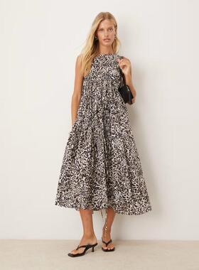 Ghospell 女士 连衣裙 midaxi 抽绳豹纹连衣裙