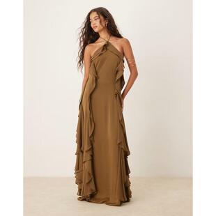 中长连衣裙 女士 挂脖皱褶橄榄绿长款 连衣裙 Six deep Stories